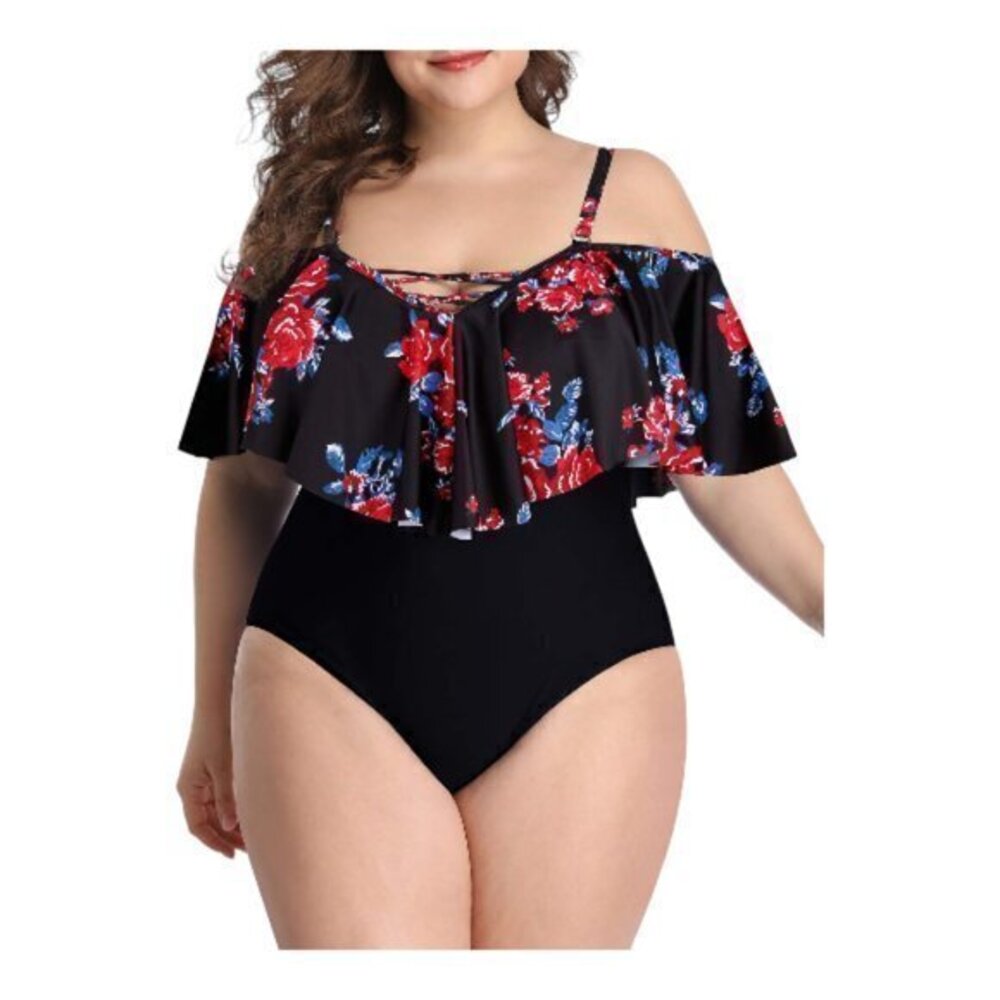 Plus Size Off Shoulder Ruffle Black Floral Swimsuit Size 20W NWT #5625